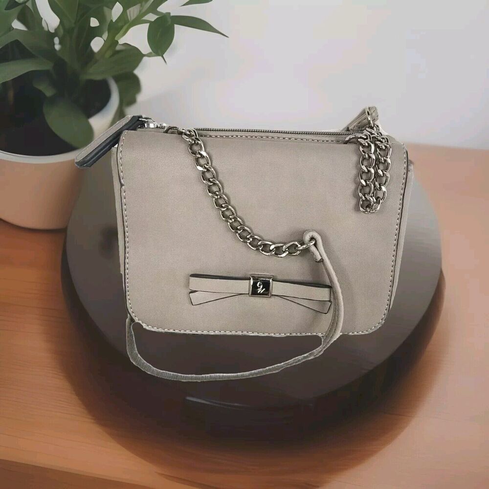 Nine West Crossbody Bag Beige Dressy Bow Chain Foldover Flap Zip Closure